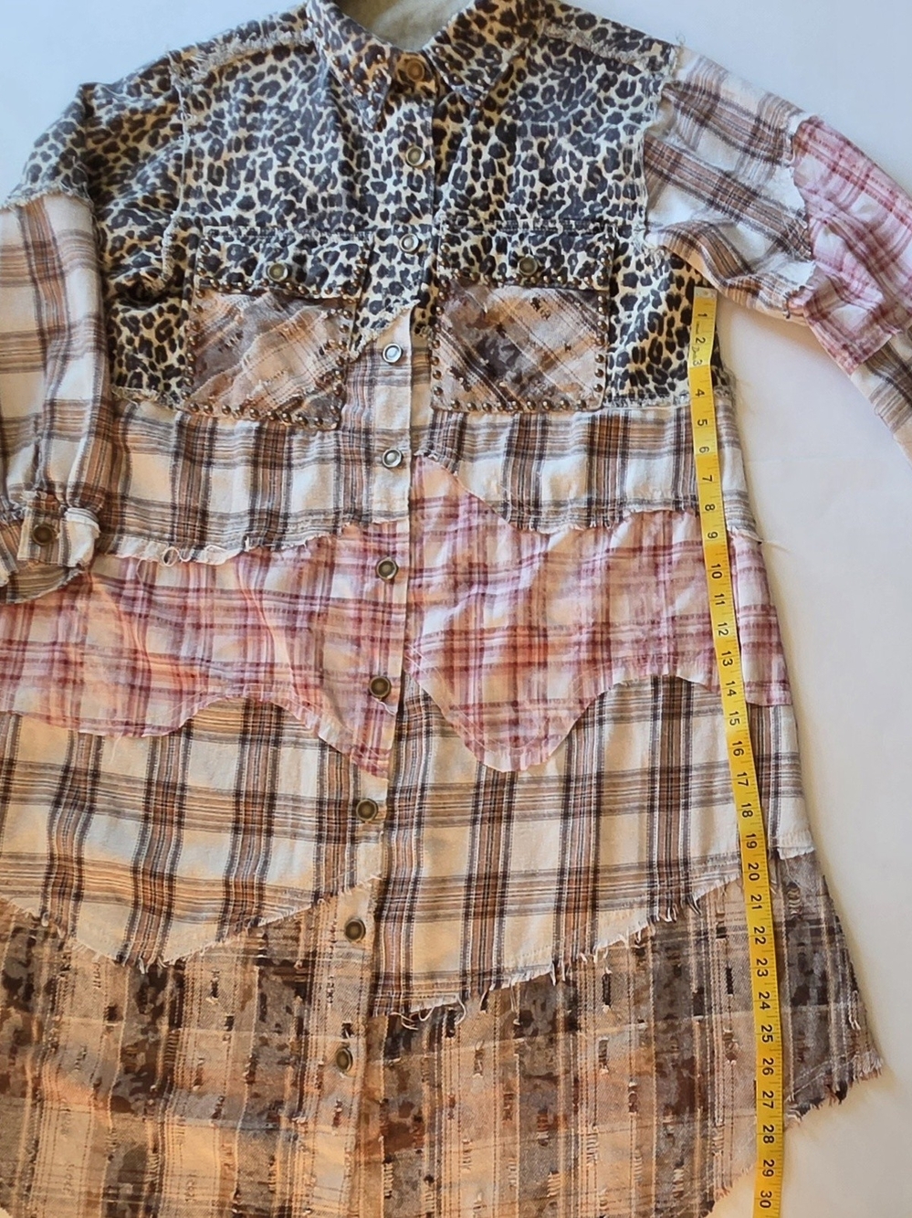 POL Mixed Media Plaid Leopard Duster Shacket Paisley Plant Patchwork Boho Jacket - Picture 7 of 12